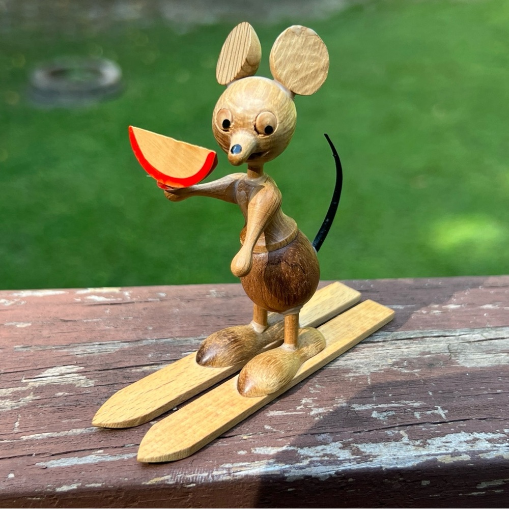 Vintage MCM Wooden Mouse Holding Cheese Figurine/Collectible, Spain|3.5" Tall